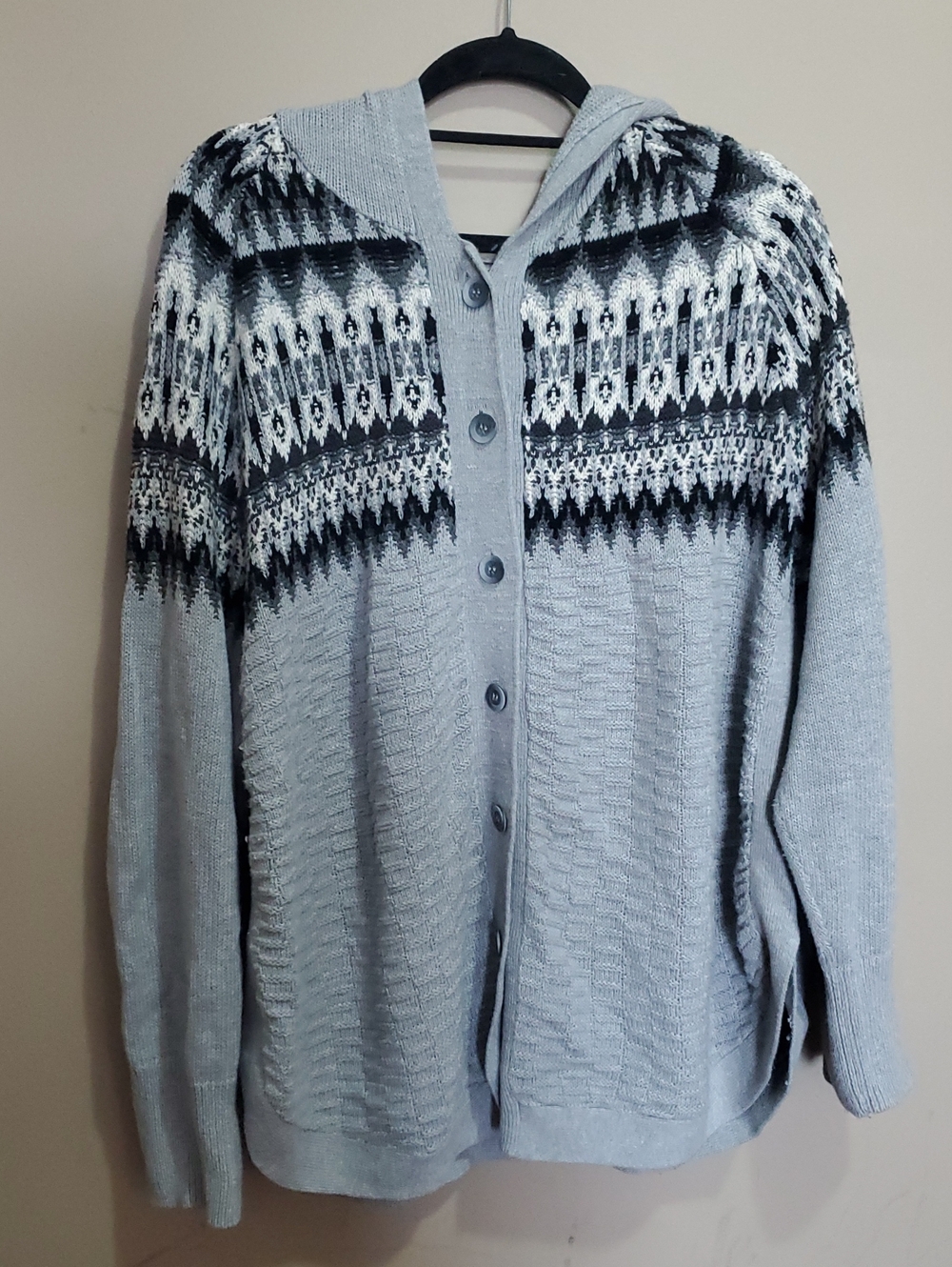 Penningtons Gray Hooded Button-Front Sweater Black &White Fair Isle Yoke Size 2x